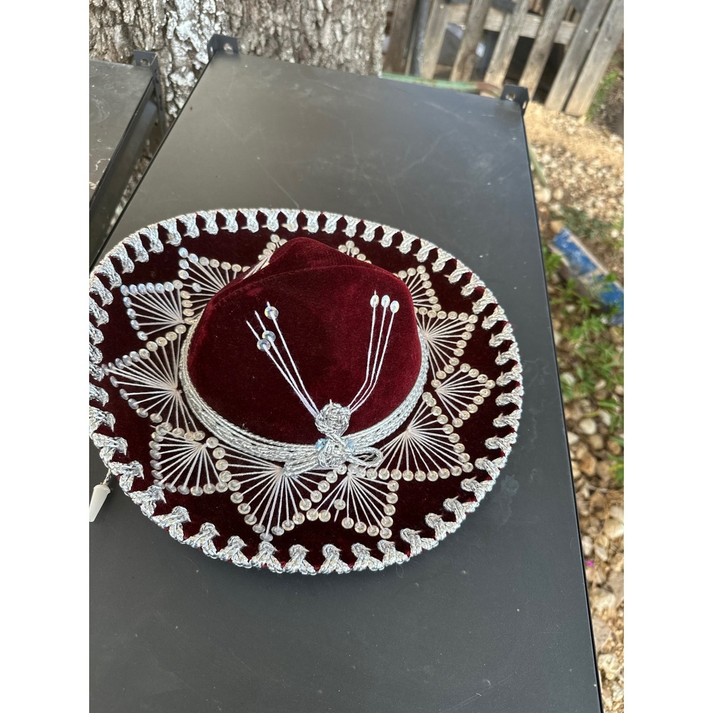 Salazar Yepez Mexican Sombrero Burgundy Velvet Silver Sequin Charro Hat Mexico